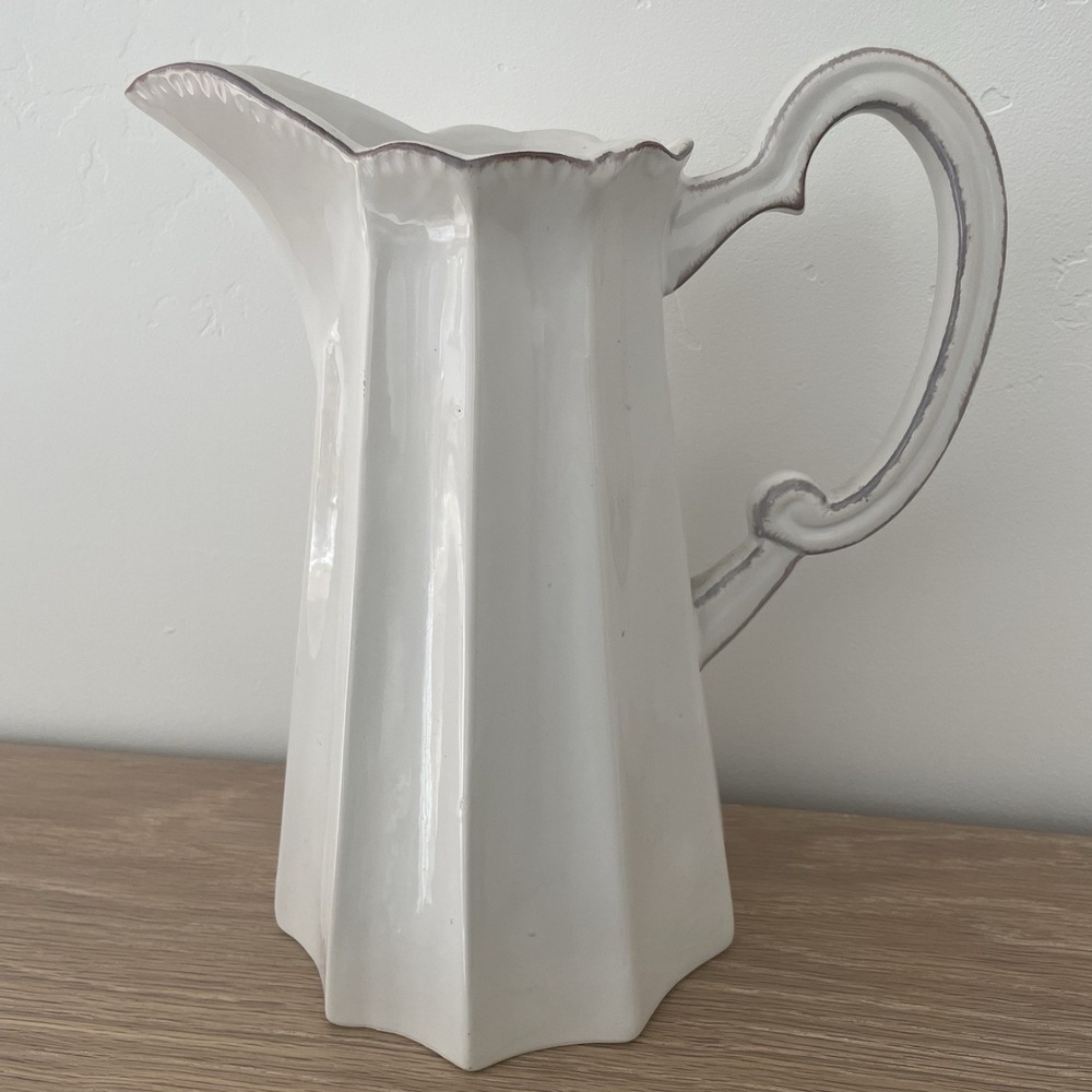 White Ceramic Pitcher Crown Fluted Jug French Xavier 9x5" Vase Decor Shabby Chic